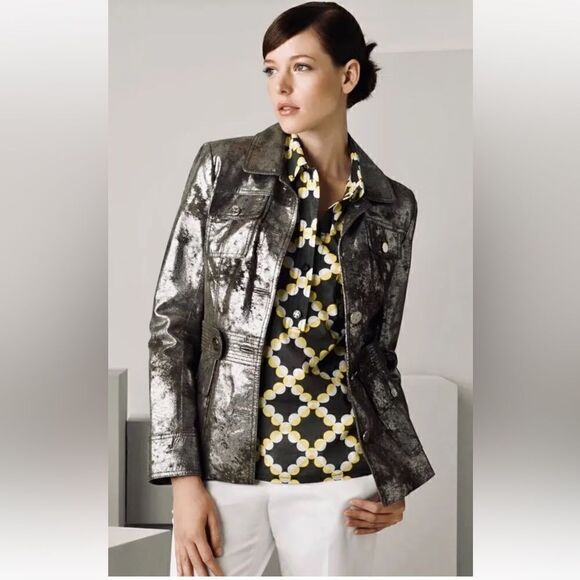 Tory Burch Sargent Pepper Distressed Leather Silver Jacket sz 4 - Picture 1 of 16
